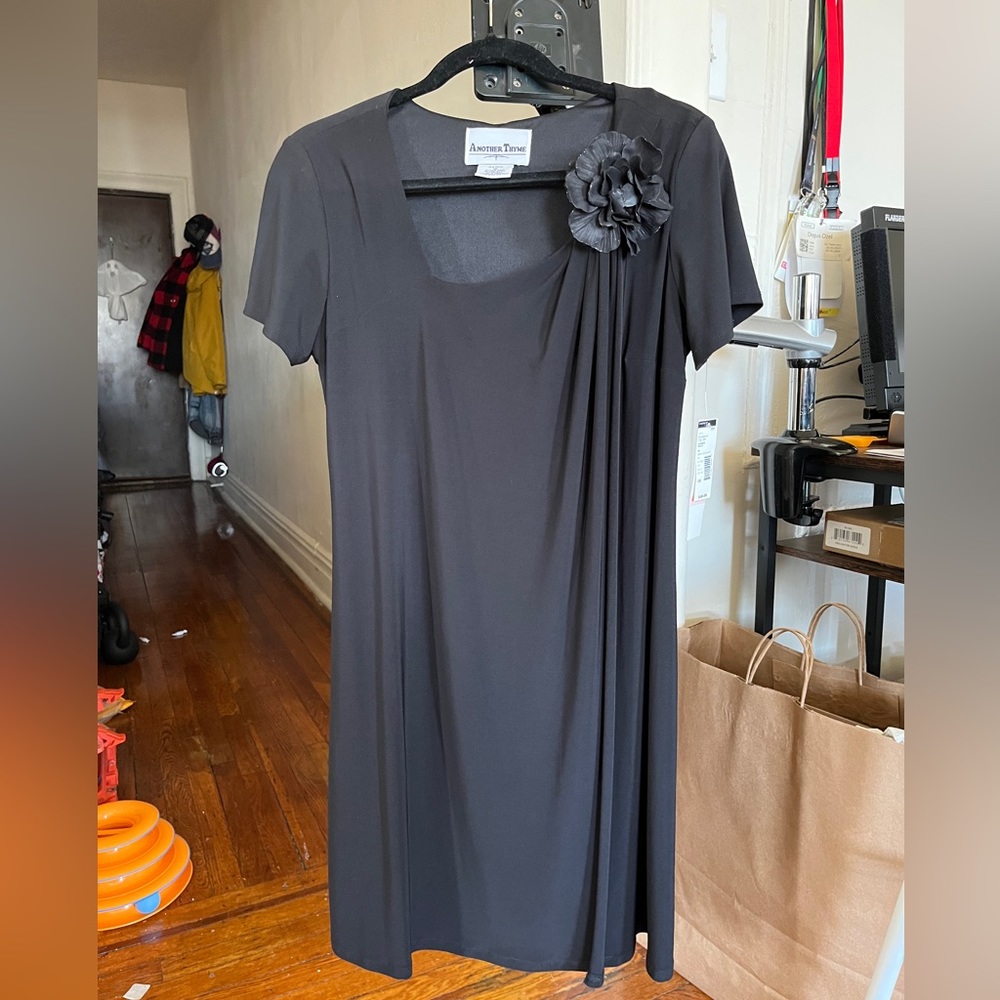 Another Thyme Black Cocktail Dress with Floral Accent - Size 10